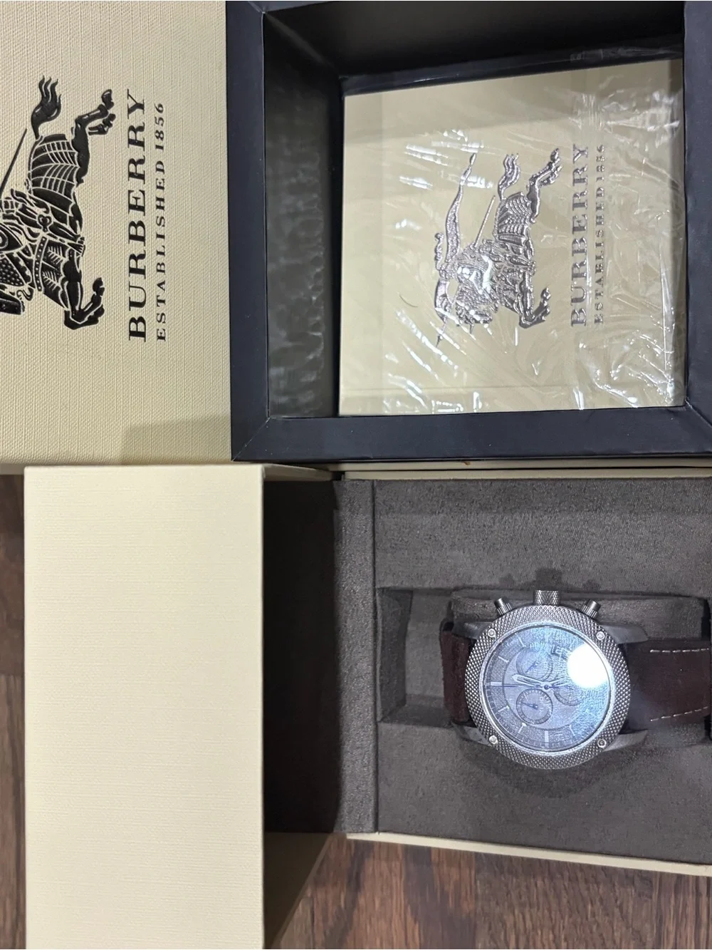 Burberry Silver Dial Men's Chronograph Watch AFT Brown suede Strap NEEDS BATTERY
